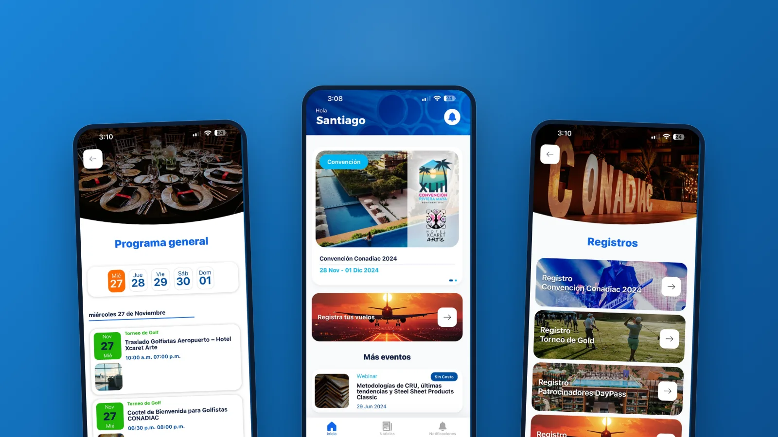App móvil para socios de CONADIAC desarrollada por Interbits, mostrando la convención anual y eventos