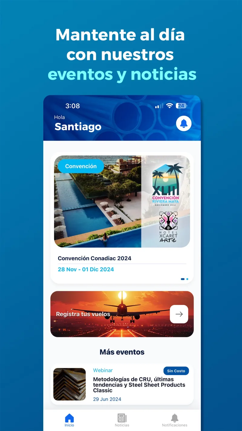 Pantalla de inicio de la app CONADIAC con eventos y noticias