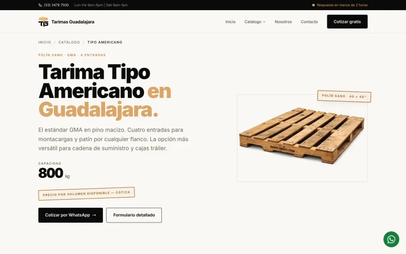 Página de producto de tarima tipo americano con especificaciones
