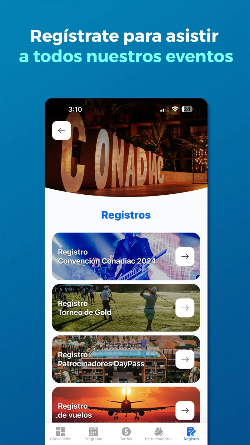 Formularios de registro para: convención, vuelos, torneo de golf y patrocinadores.