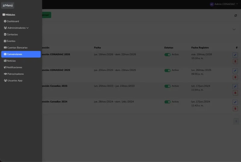 Menú de módulos del panel de administración de CONADIAC: dashboard, administradores, contactos, eventos,     cuentas bancarias, convenciones, noticias, notificaciones, patrocinadores y usuarios de la app